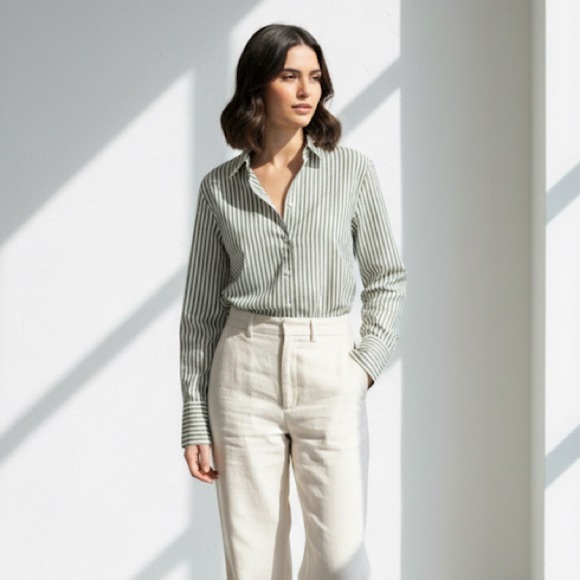 Bagutta Tops - Bagutta green & white stripe cotton button down dress shirt - size Medium (M)